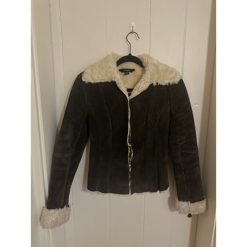 Vintage y2k 90s Express Brown Suede Leather Faux Fur Shearling Jacket Size 1/2 - Picture 4 of 6